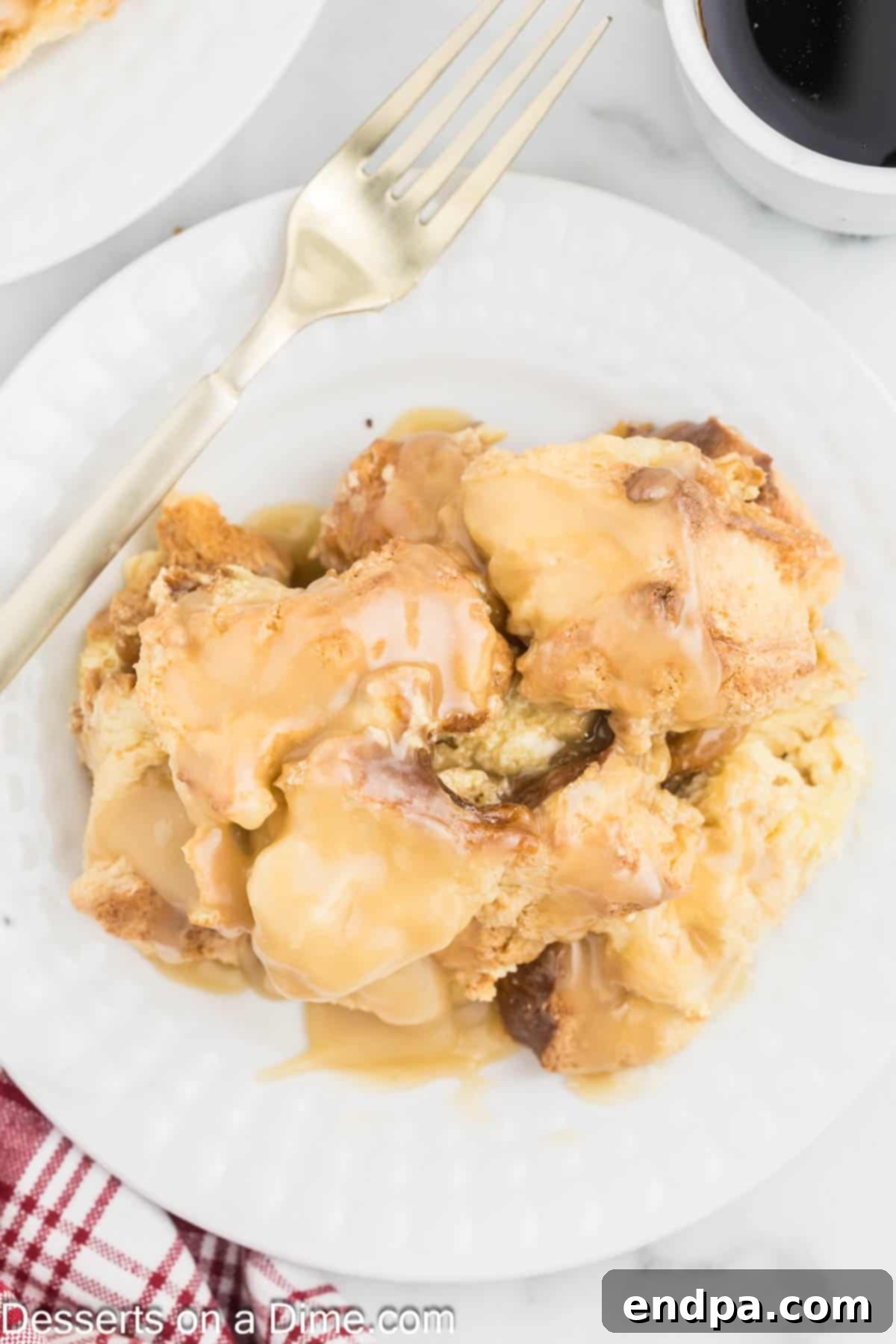 Caramel Bread Pudding on a plate.