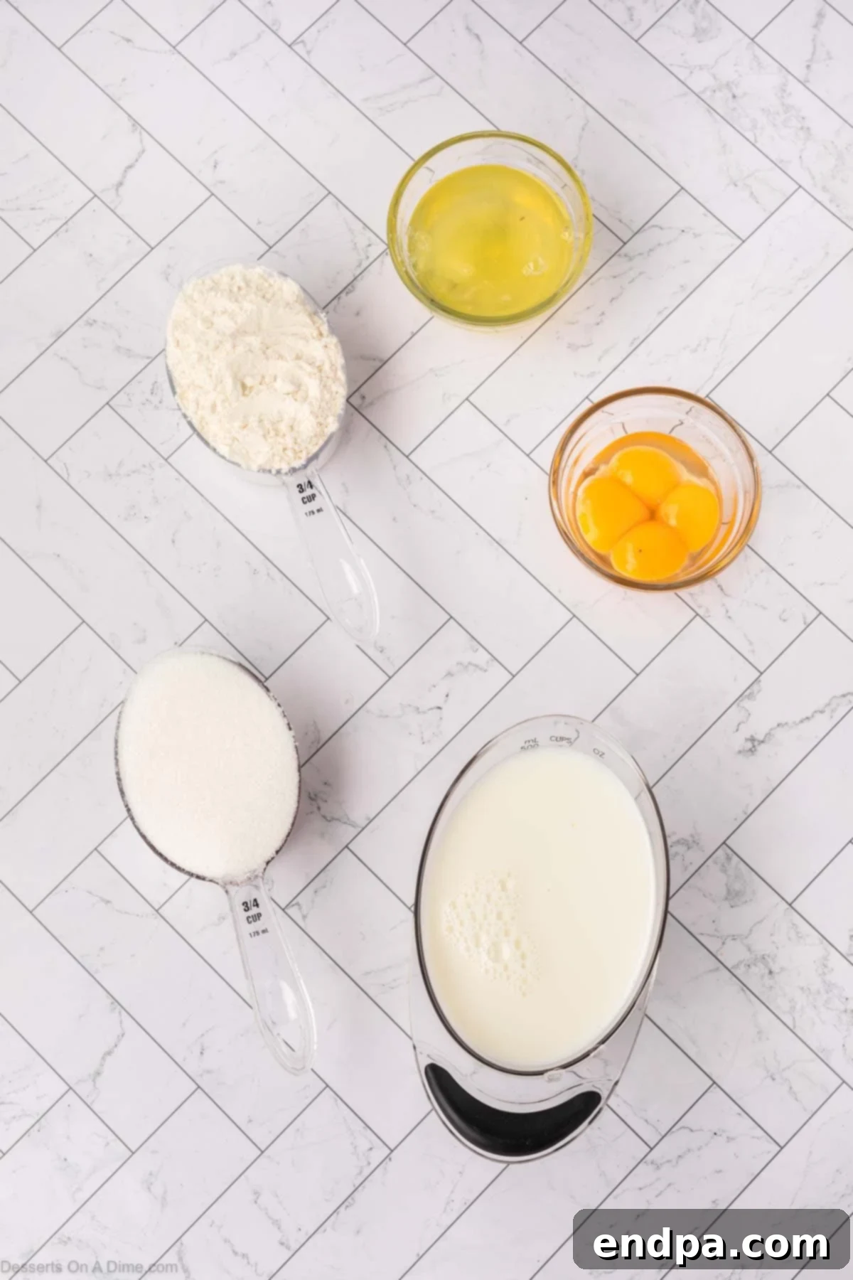 Enchanted Dessert 3 Ingredients for magic cake - eggs, flour, sugar, milk.