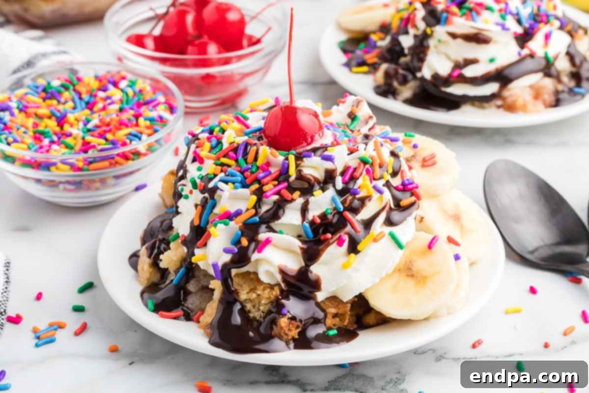 Banana Split Dump Cake topped with sprinkles and a cherry.