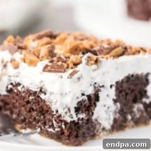 Better than sex cake cut and served on a white plate.