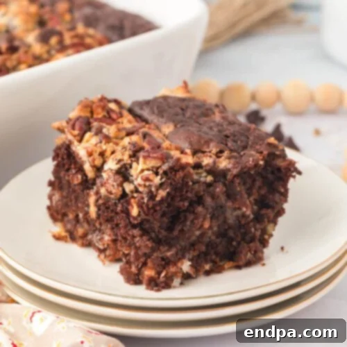 Slice of German Chocolate Dump Cake on a white plate.