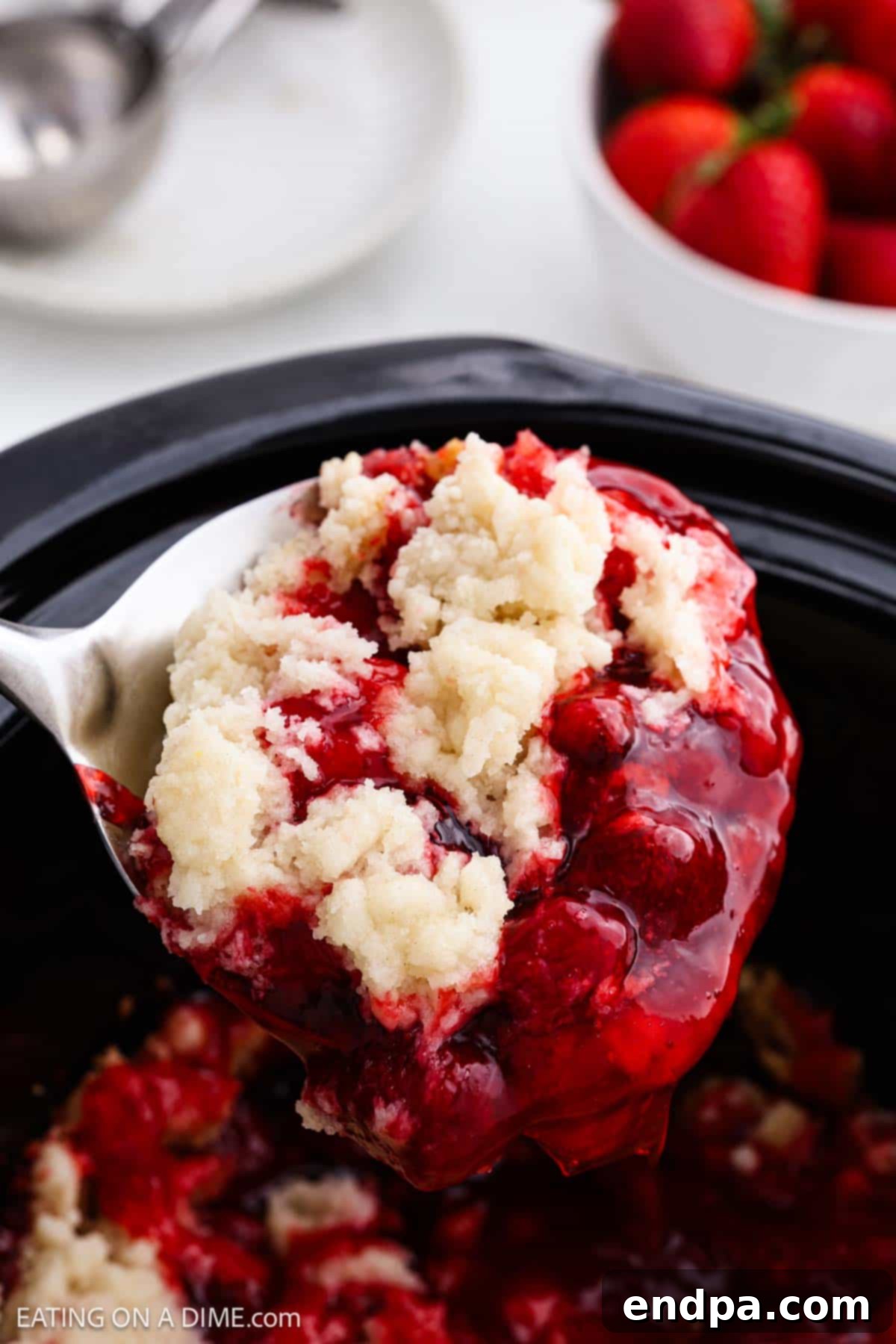 Spoon in slow cooker with Strawberry Dump Cake ready to serve