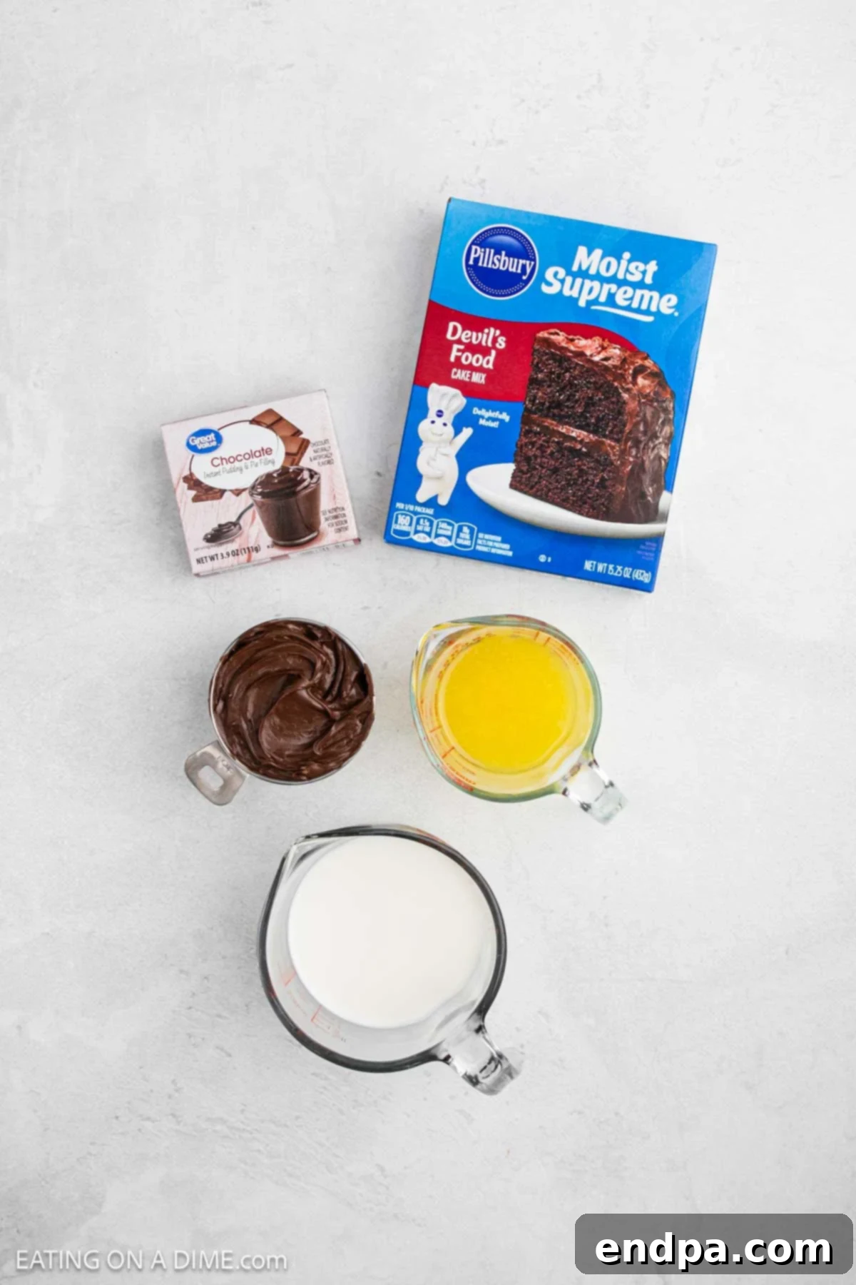 Ingredients - devil's food cake mix, instant chocolate pudding, Nutella, milk, butter