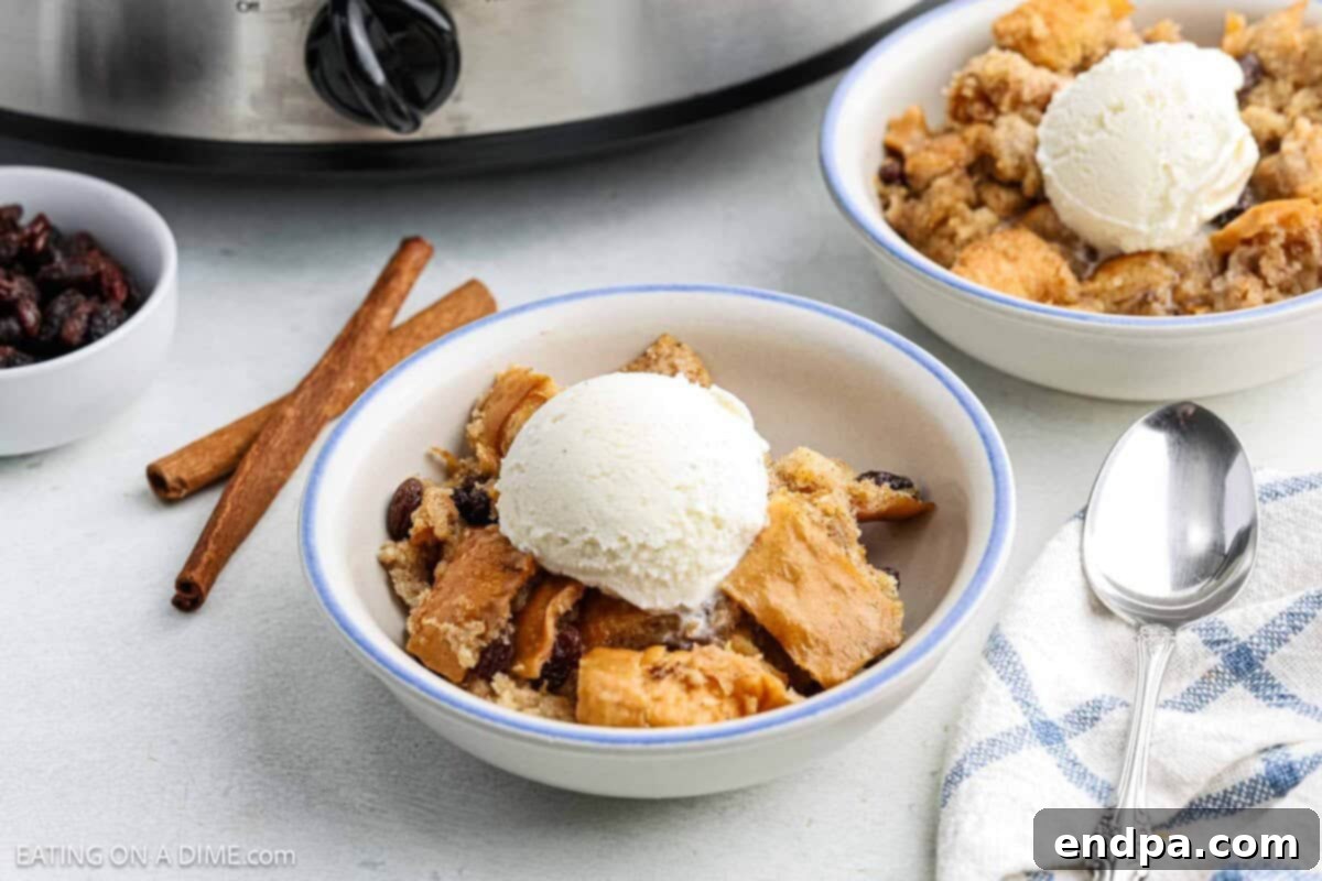 Delicious Crockpot Bread Pudding topped with ice cream