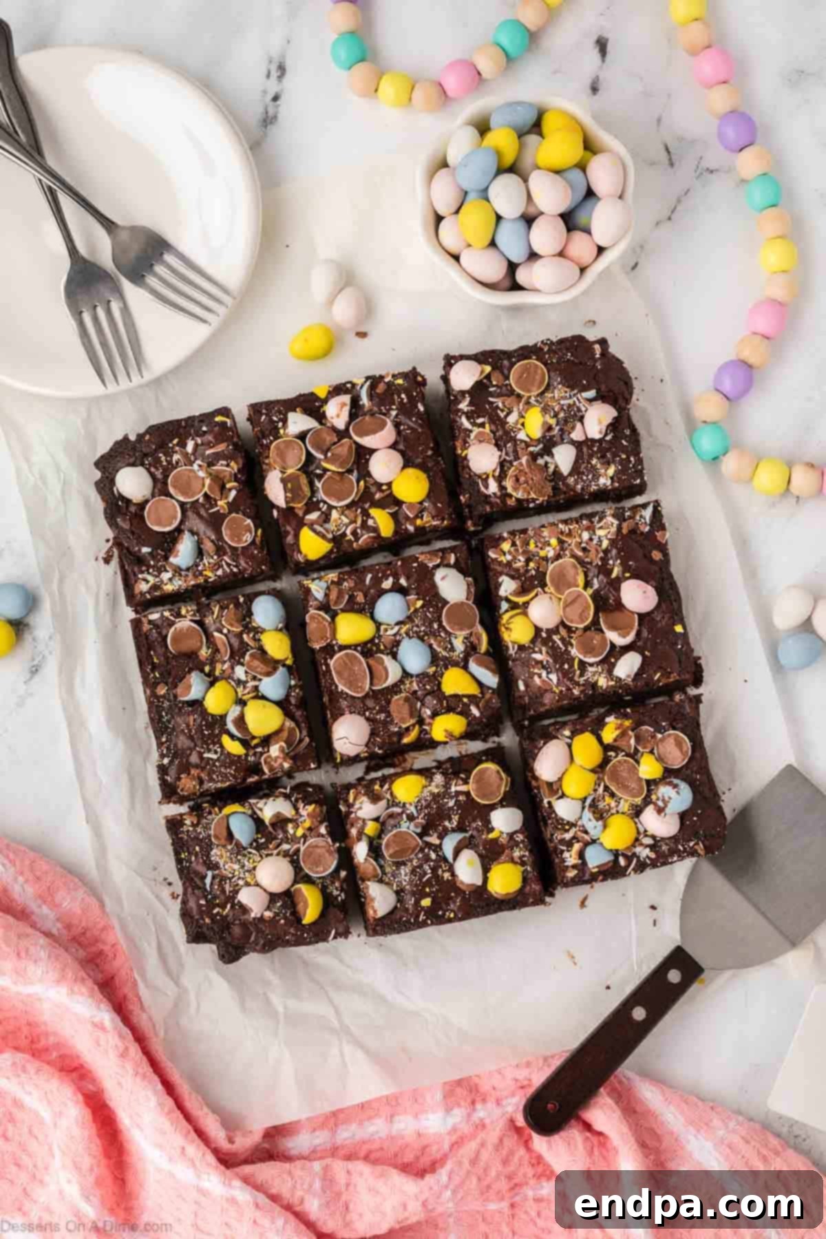 Cadbury Egg Brownie Bliss 12 Cadbury Egg brownies cut and ready to be served