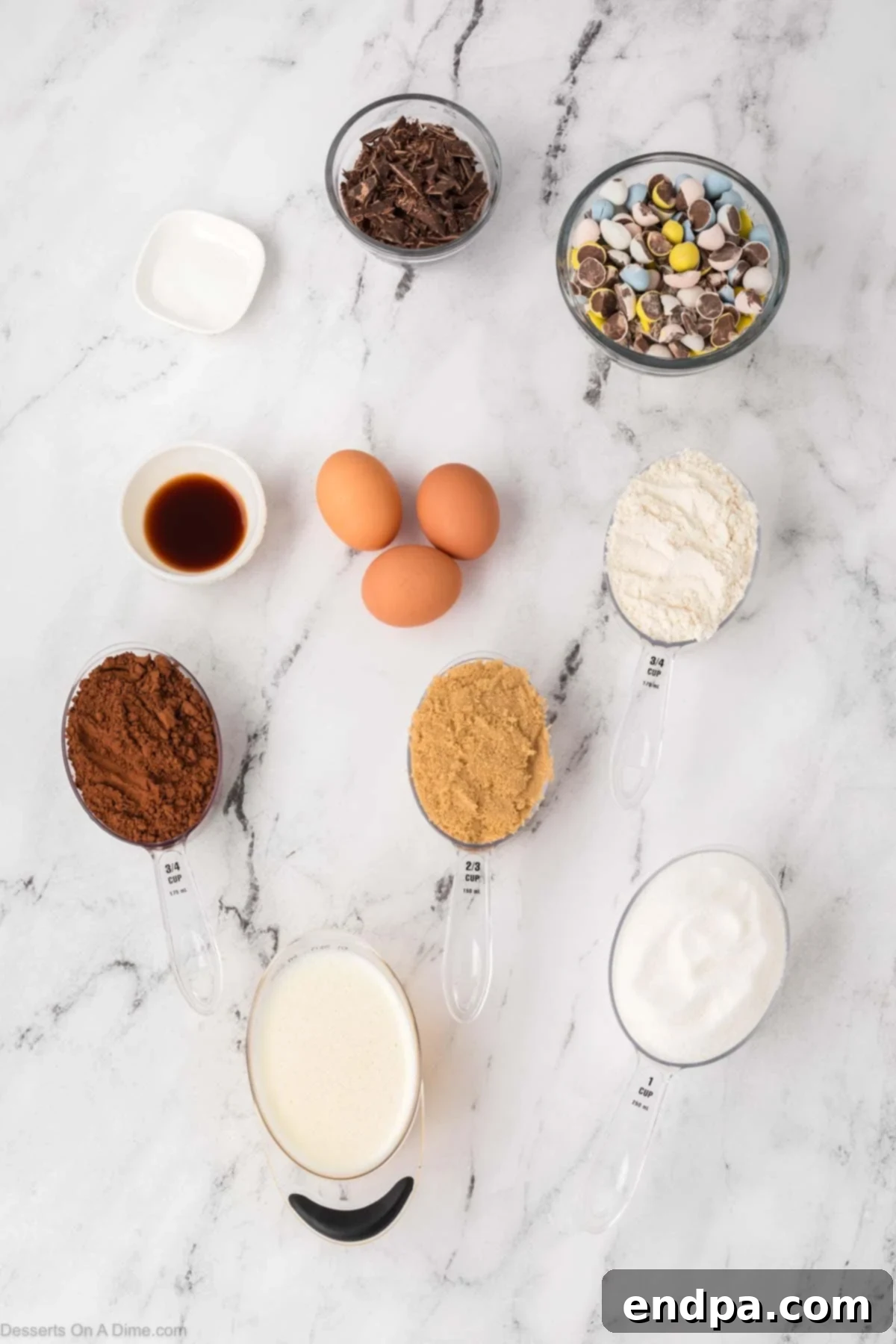 Cadbury Egg Brownie Bliss 3 Ingredients for Cadbury Egg Brownies: butter, sugar, brown sugar, eggs, vanilla, flour, cocoa powder, salt