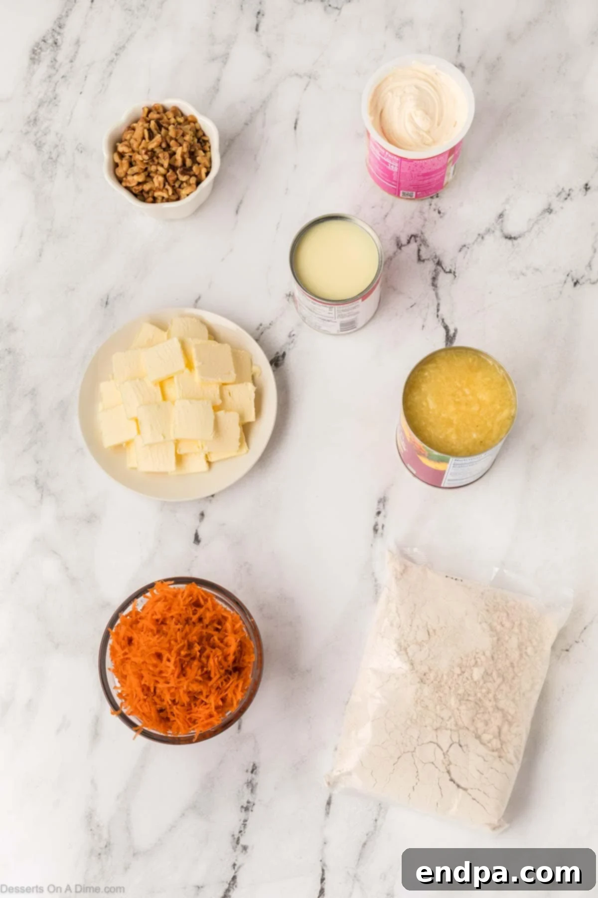 Ingredients for Carrot Cake Dump Cake - shredded carrots, crushed pineapple, sweetened condensed milk, spice cake mix, butter, pecans.