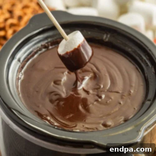 Slow Cooker Chocolate Delights: Crowd-Pleasing Recipes 4 Chocolate fondue in a pot with a marshmallow